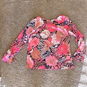 Talbots petites Sz P floral coral pink navy blue long sleeves top blouse